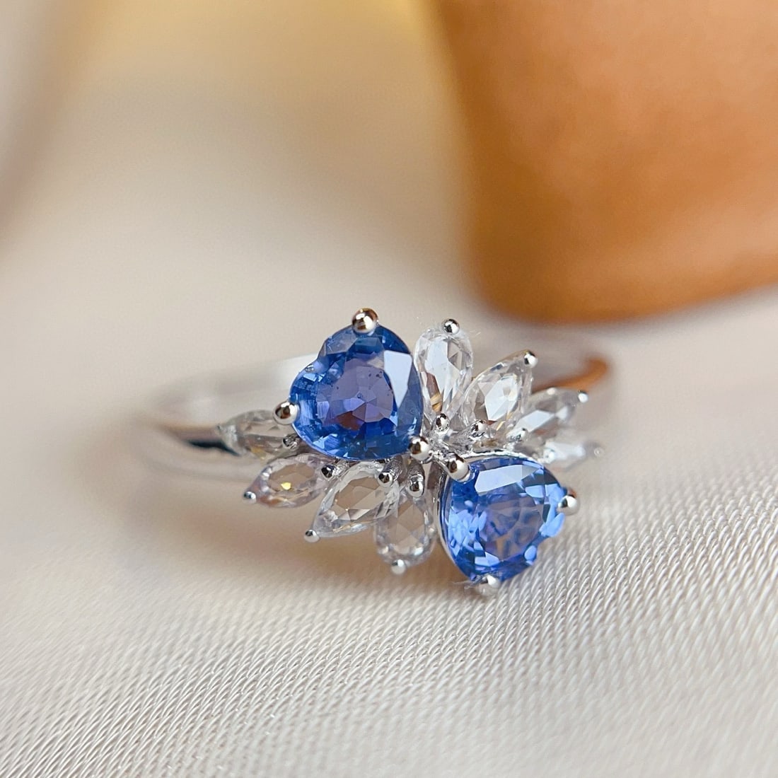 14k Gold 1.3 Ct Natural Sapphire & Sapphire Ring: Ref:231001202 // gold content:14k gold // ring size:7. 25us // // main gemstone:sapphire // shape:heart // carat weight:1. 3ct // color:blue // treatment:natural // // adjacent gemstone 2 : sapphire