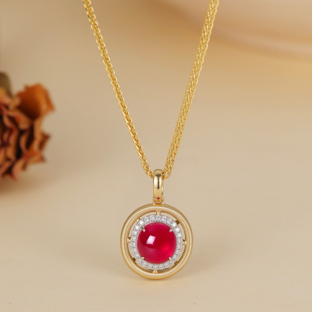 14k Gold 2.32 Ctw Natural Ruby & Diamond Pendant( Without Chain ): Ref:231001237 // gold content:14k gold // main gemstone:ruby // shape:round // carat weight:2. 23ct // color:red // treatment:natural // // adjacent gemstone 2 : diamond // shape:round // carat