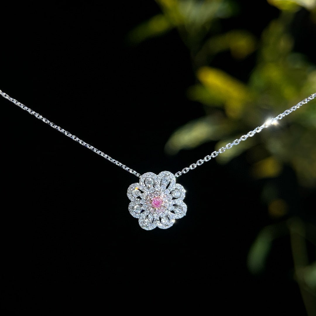 14k Gold 0.36 Ctw Natural Pink Diamond & Diamond Necklace: Ref:231001238 // gold content:14k gold // main gemstone:pink diamond // shape:cushion // carat weight:0. 05ct // color:pink // treatment:natural // // adjacent gemstone 2 : diamond // shape:round //
