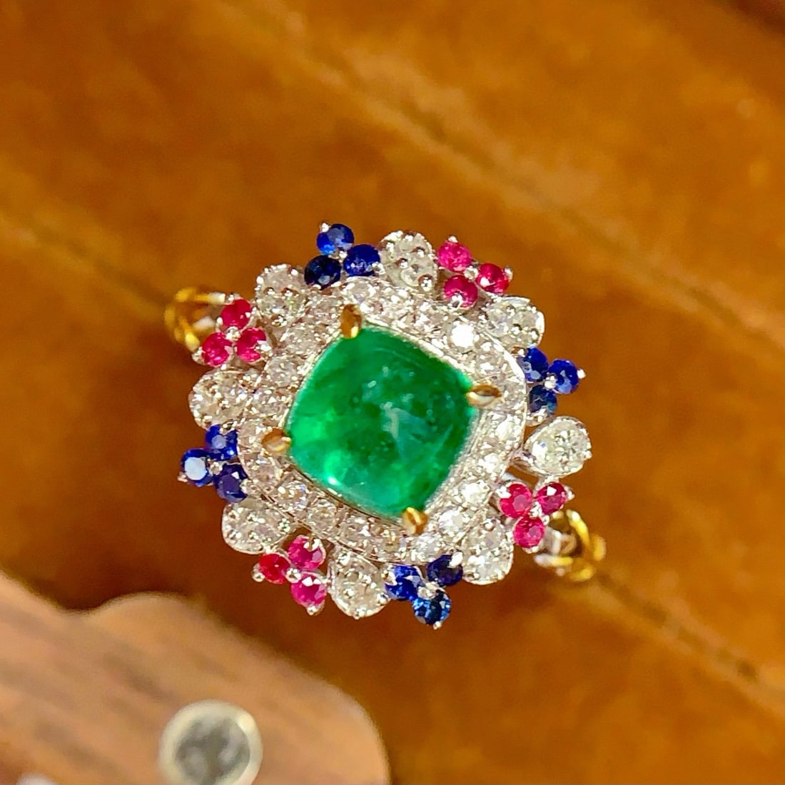 14k Gold 1.45 Ct Natural Emerald & Diamond & Sapphire & Ruby Ring/pendant( Without Chain ) - 2