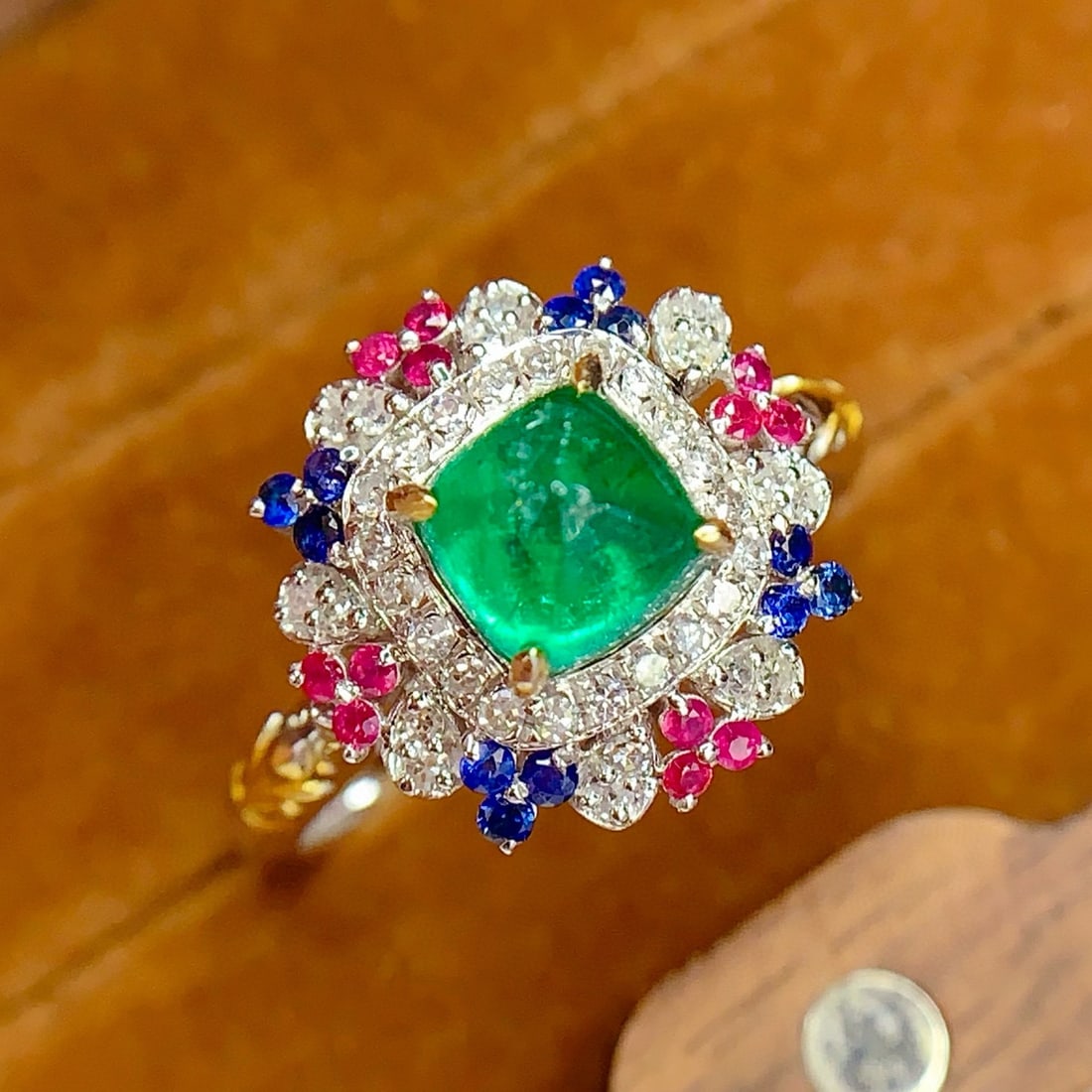 14k Gold 1.45 Ct Natural Emerald & Diamond & Sapphire & Ruby Ring/pendant( Without Chain ) - 3