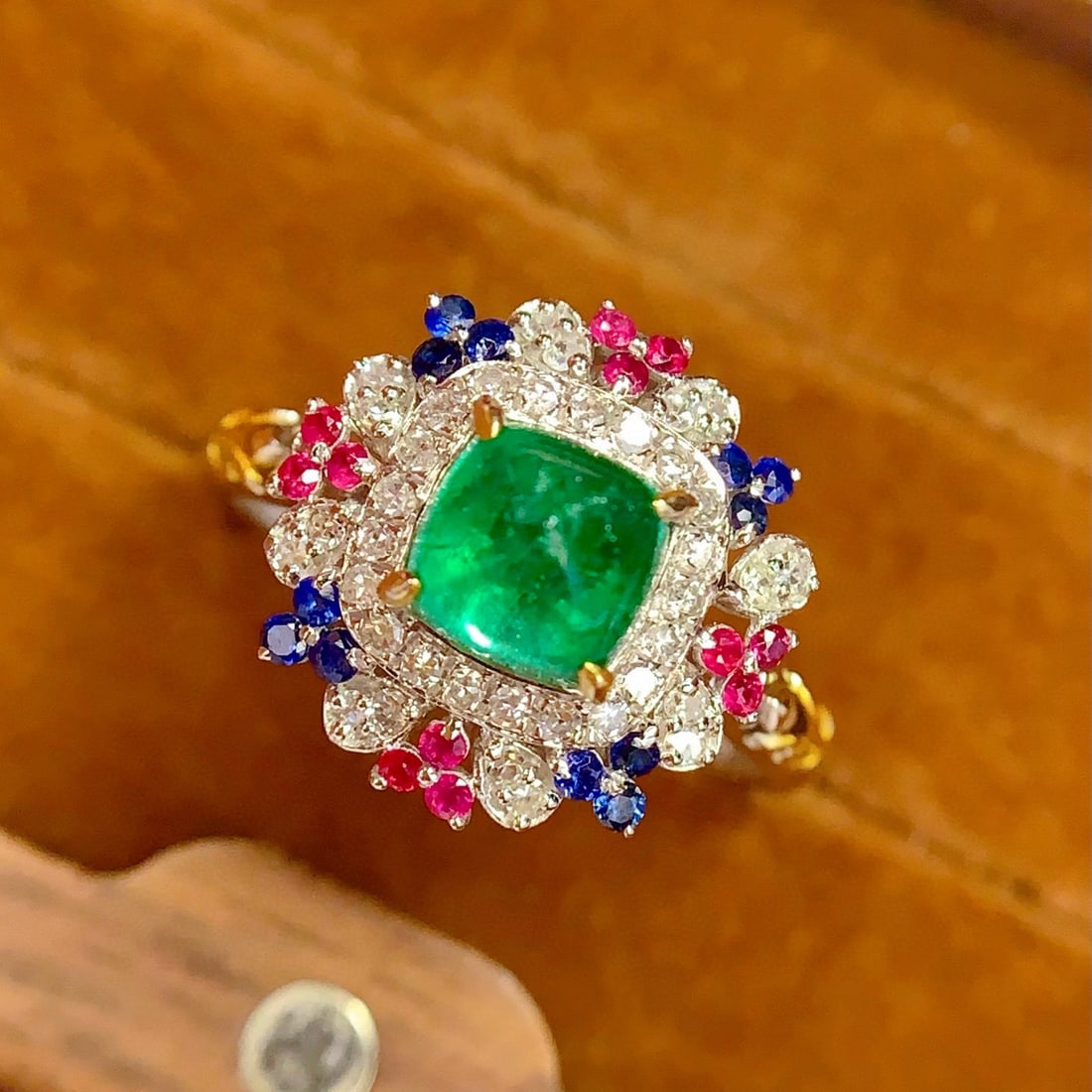 14k Gold 1.45 Ct Natural Emerald & Diamond & Sapphire & Ruby Ring/pendant( Without Chain ) - 7