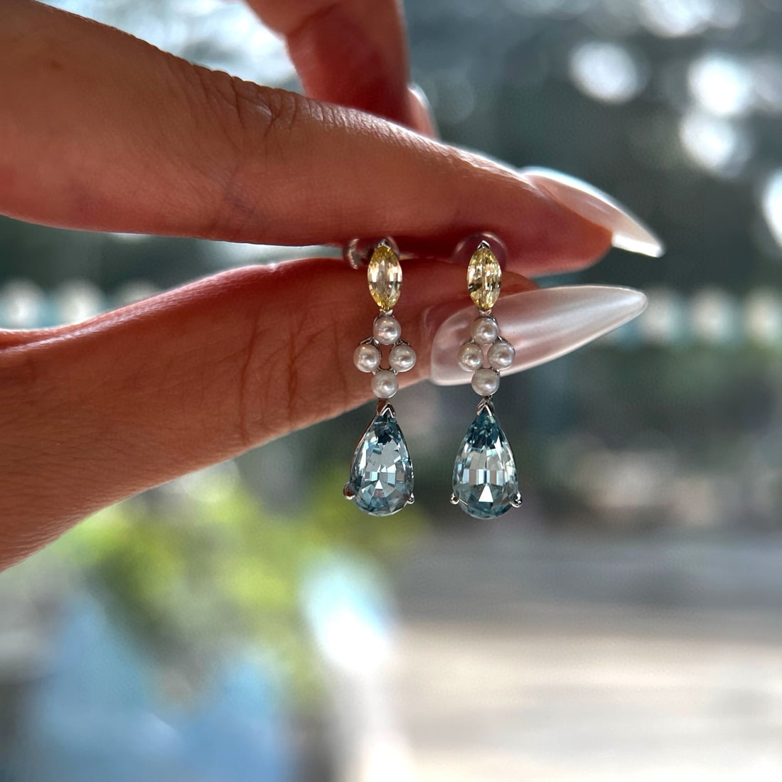 14k Gold 4.01 Ctw Natural Aquamarine & Sapphire Earrings - 2