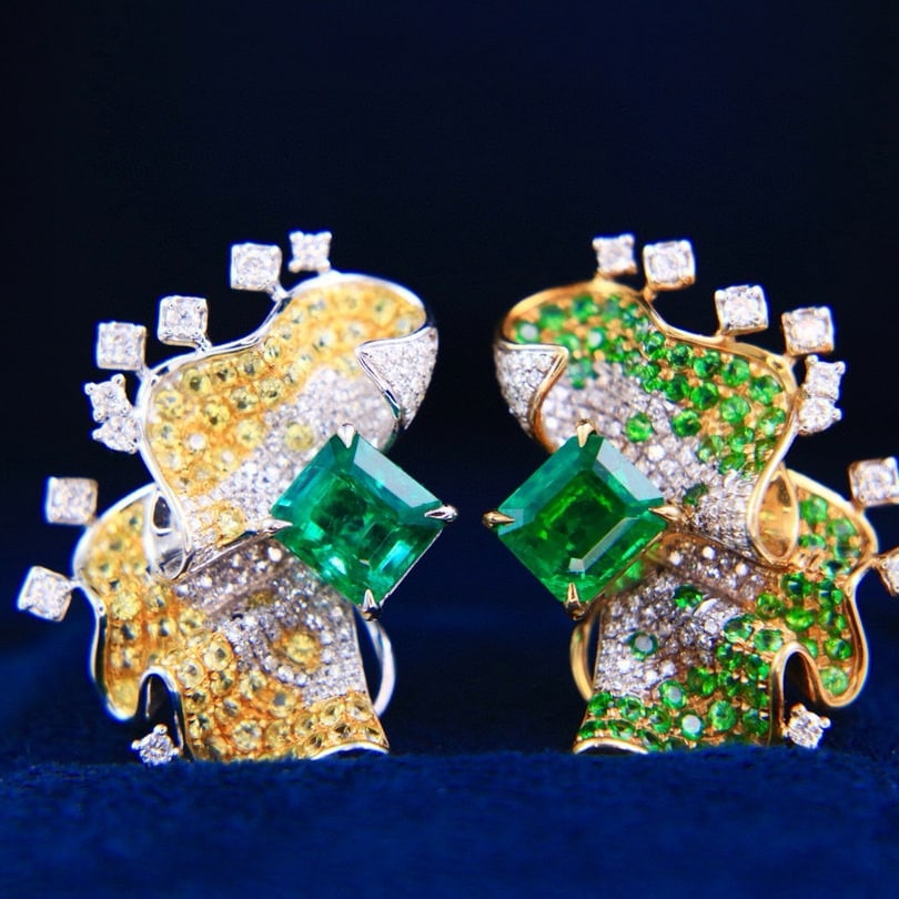 14k Gold 3.1 Ct Vivid Green Natural Emerald & Diamond & Sapphire & Tsavorite Earrings (1 of 9)