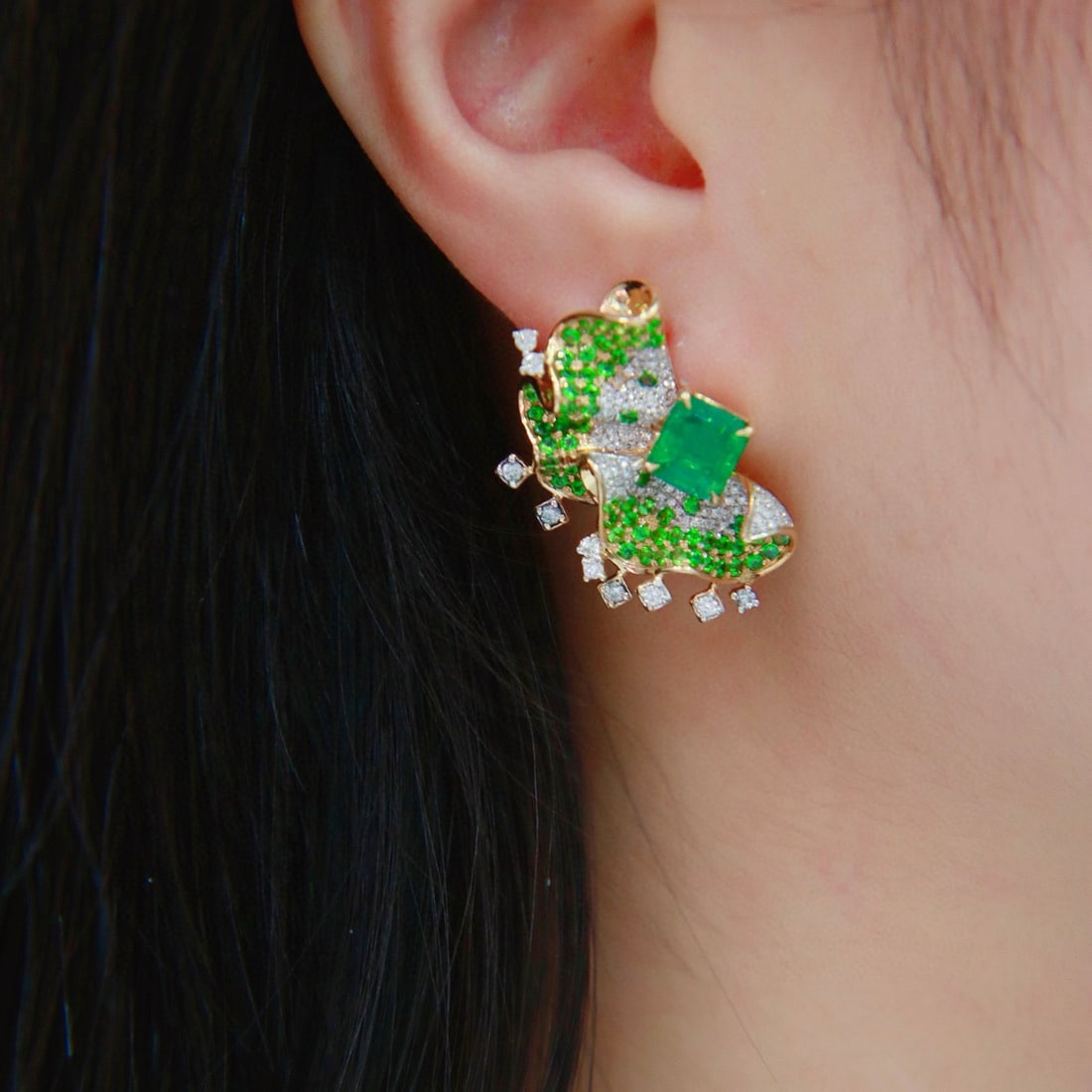14k Gold 3.1 Ct Vivid Green Natural Emerald & Diamond & Sapphire & Tsavorite Earrings - 2