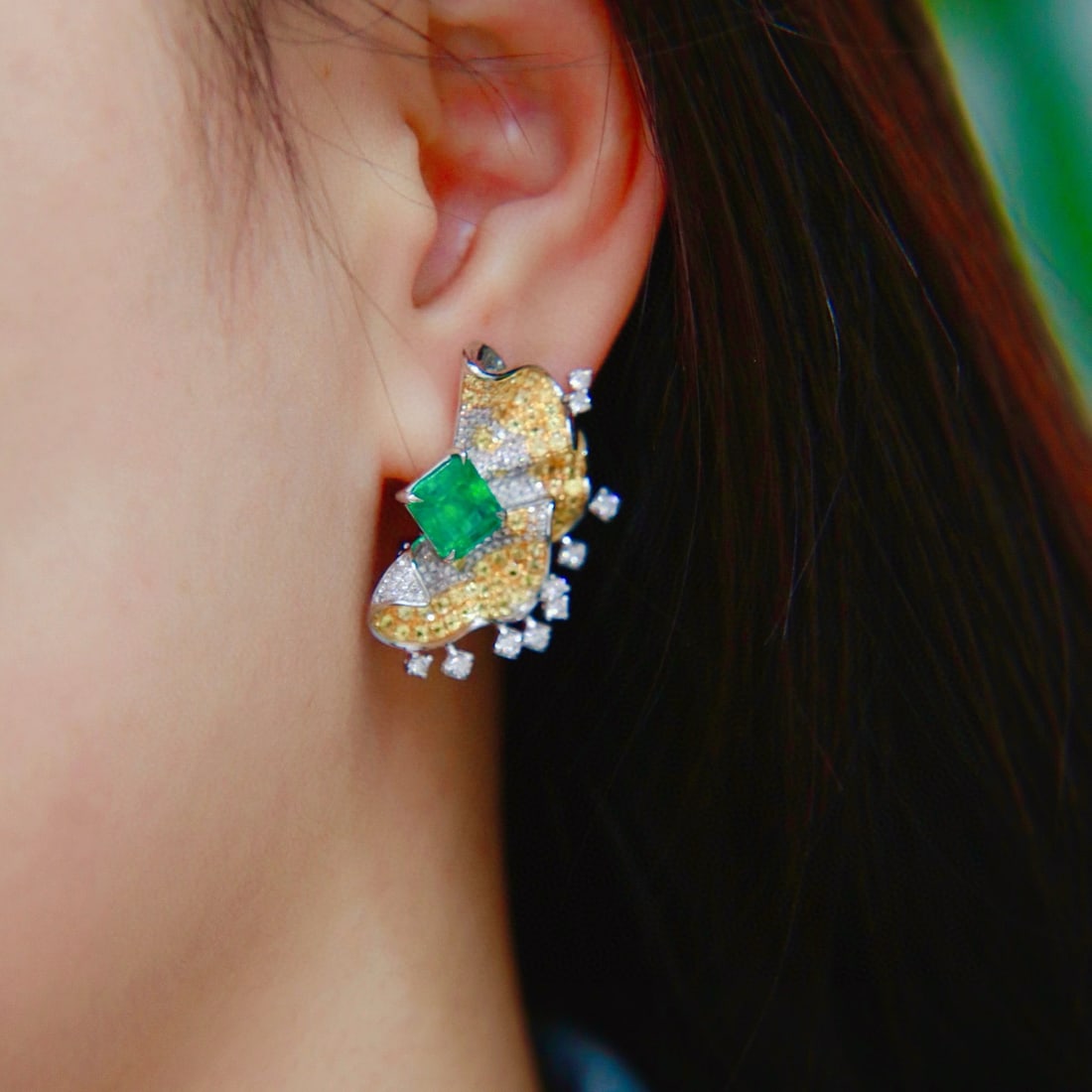 14k Gold 3.1 Ct Vivid Green Natural Emerald & Diamond & Sapphire & Tsavorite Earrings - 3