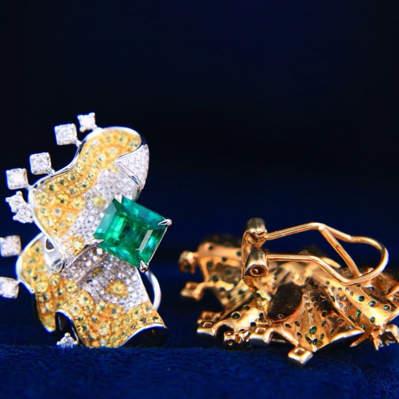 14k Gold 3.1 Ct Vivid Green Natural Emerald & Diamond & Sapphire & Tsavorite Earrings - 6