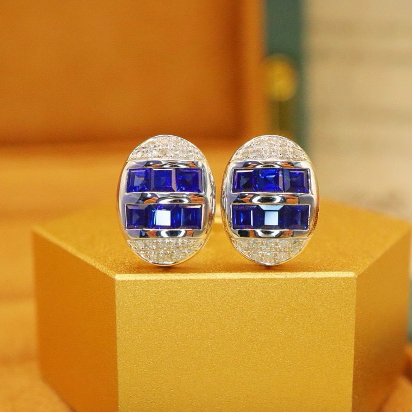 14k Gold 1.73 Ctw Vivid Blue Natural Sapphire & Diamond Earrings: Ref:231002032 // gold content:14k gold // main gemstone:sapphire // shape:square // carat weight:1. 64ct // color:vivid blue // treatment:natural // // adjacent gemstone 2 : diamond // number of