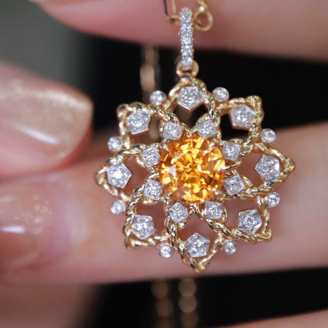 14k Gold 1.26 Ctw Natural Spessartine & Diamond Pendant( Without Chain ): Ref:231002049 // gold content:14k gold // main gemstone:spessartine // shape:round // carat weight:1. 07ct // color:orange // treatment:natural // cut grade:g // // adjacent gemstone 2 : diamond //