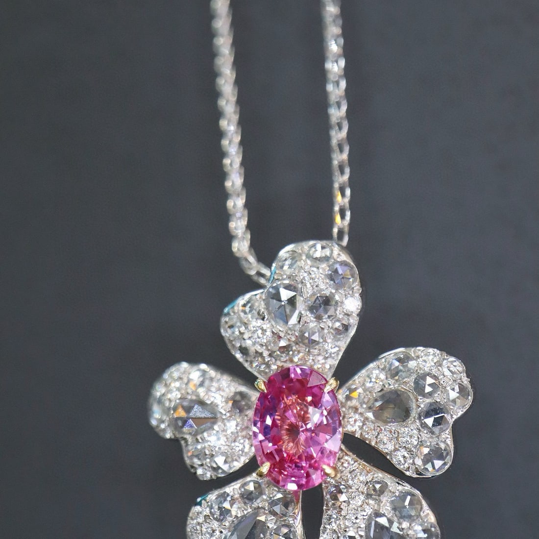 14k Gold 2.48 Ctw Natural Padparadscha Sapphire & Diamond Pendant( Without Chain ): Ref:231002063 // gold content:14k gold // main gemstone:padparadscha sapphire // shape:oval // carat weight:1. 13ct // color:orangish pink // treatment:natural // // adjacent gemstone 2 : diamond //