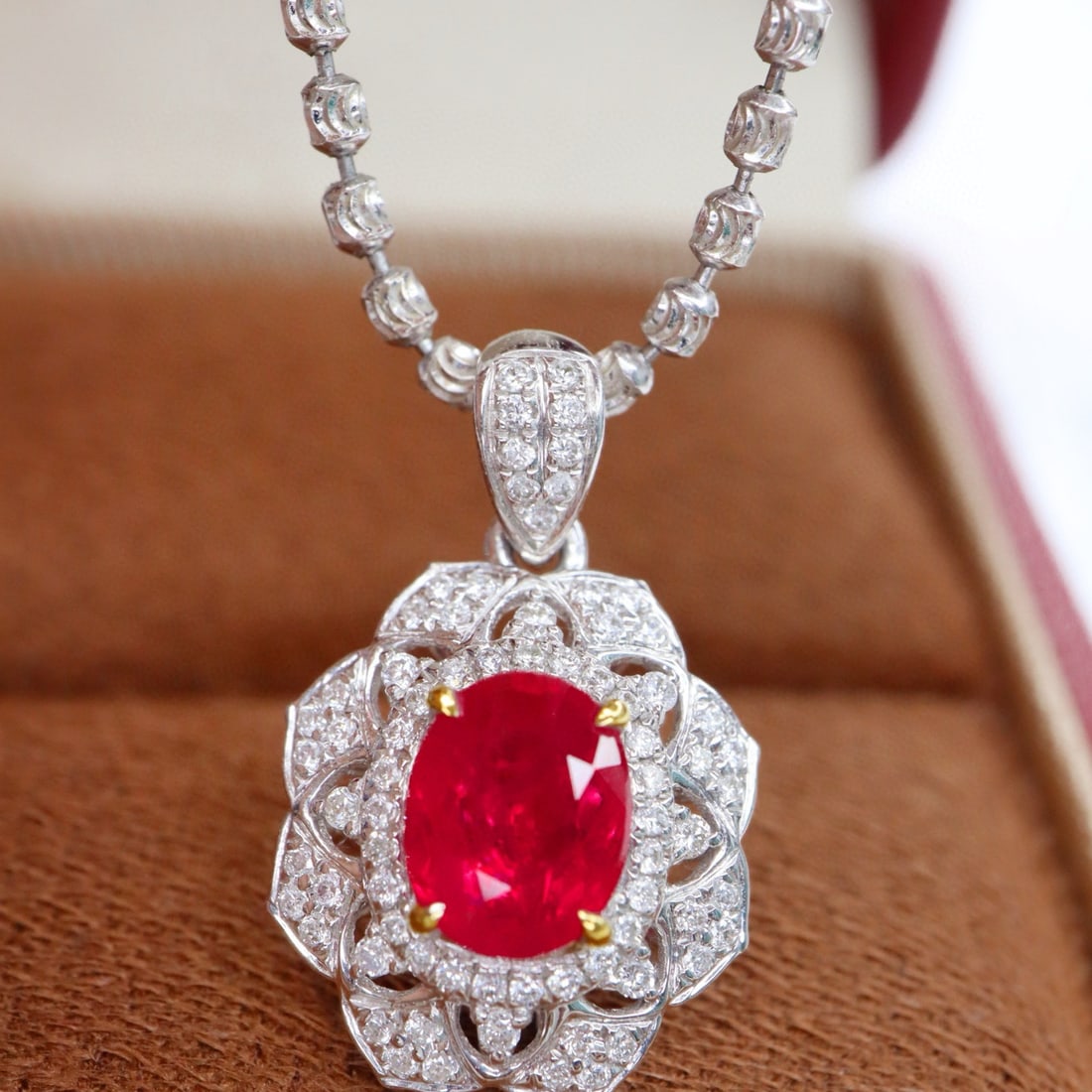 14k Gold 1.46 Ctw Natural Ruby & Diamond Pendant( Without Chain ): Ref:231002070 // gold content:14k gold // main gemstone:ruby // shape:oval // carat weight:1. 23ct // color:pigeonblood red // treatment:natural // // adjacent gemstone 2 : diamond // shape:round //