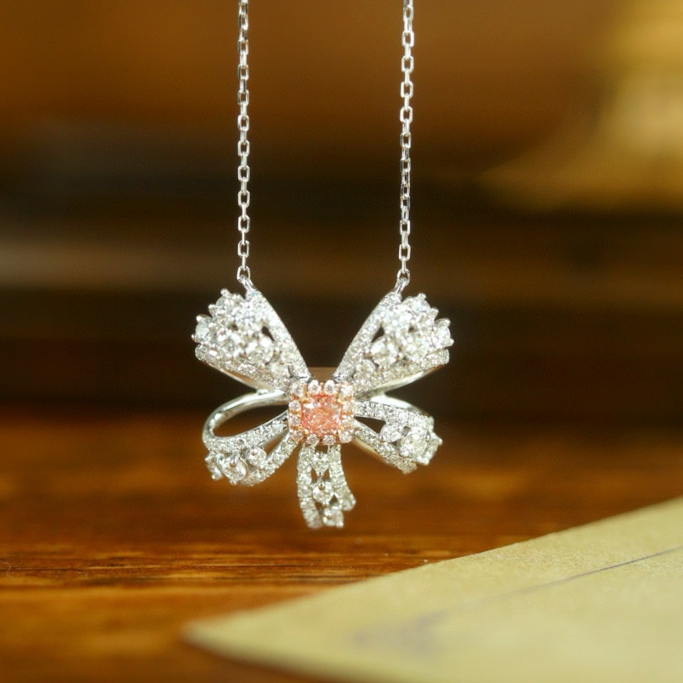 14k Gold 0.75 Ctw Natural Pink Diamond & Diamond Necklace: Ref:231002082 // gold content:14k gold // main gemstone:pink diamond // shape:cushion // carat weight:0. 13ct // color:pink // treatment:natural // // adjacent gemstone 2 : diamond // shape:round //
