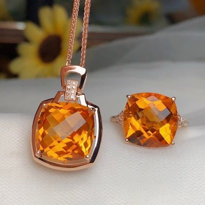 14k Gold 15.25 Ct Natural Citrine & Diamond Jewelry Set: Ref:231002099 // gold content:14k gold // ring size:7. 25us // // pendant(without chain) // main gemstone:citrine // shape:cushion // carat weight:7. 15ct // color:yellow // treatment:natural // //