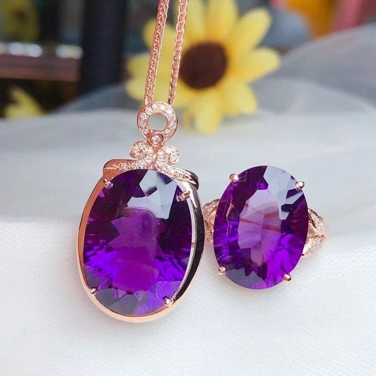 14k Gold 22.35 Ct Natural Amethyst & Diamond Jewelry Set: Ref:231002100 // gold content:14k gold // ring size:7. 25us // // pendant(without chain) // main gemstone:amethyst // shape:oval // carat weight:13. 20ct // color:purple // treatment:natural // //