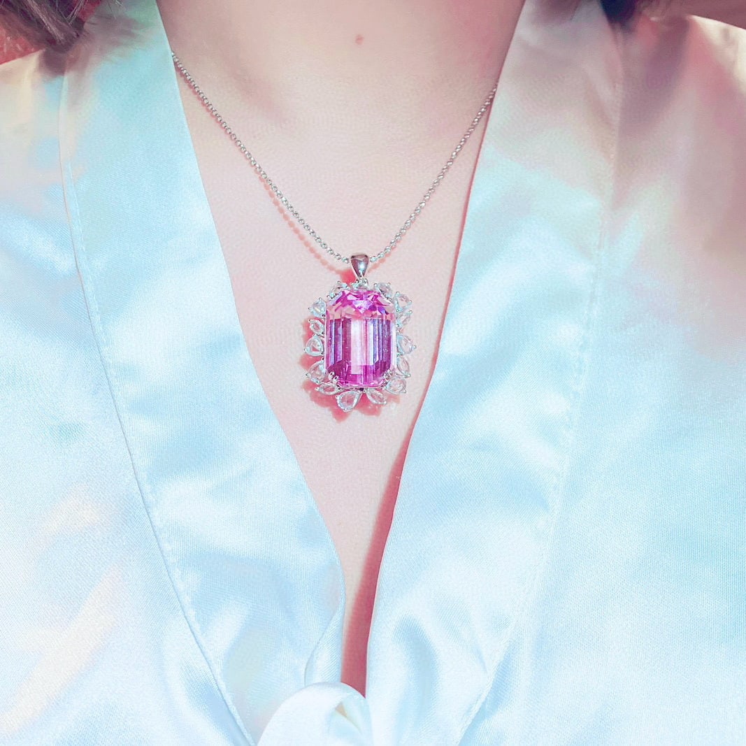 14k Gold 38.56 Ctw Natural Kunzite & Sapphire Pendant( Without Chain ) - 6