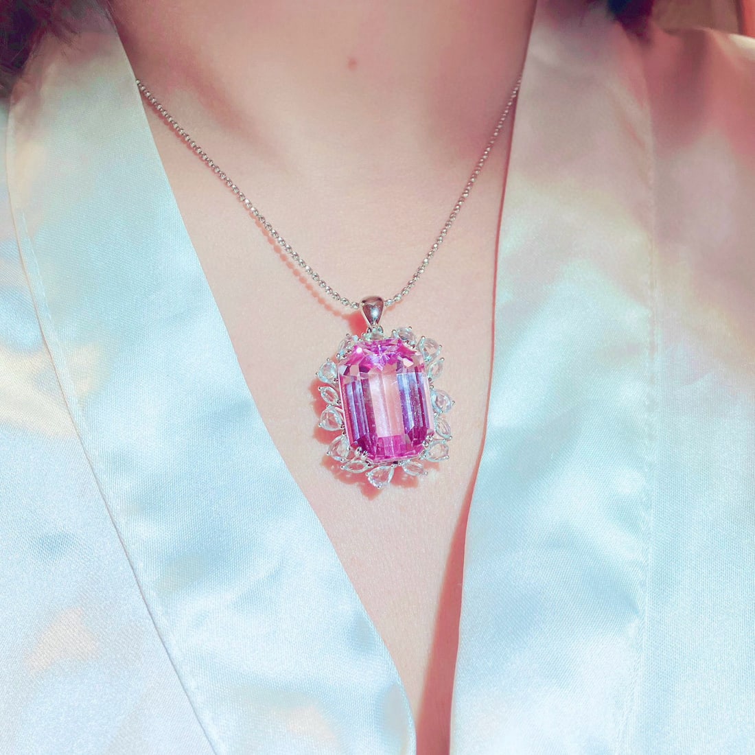 14k Gold 38.56 Ctw Natural Kunzite & Sapphire Pendant( Without Chain ) - 7
