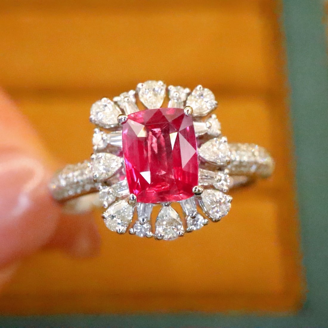 14k Gold 1.49 Ctw Natural Ruby & Diamond Ring: Ref:231002137 // gold content:14k gold // ring size:7. 25us // // main gemstone:ruby // shape:cushion // carat weight:1. 03ct // color:pigeonblood red // treatment:natural // // adjacent gemstone 2 : 