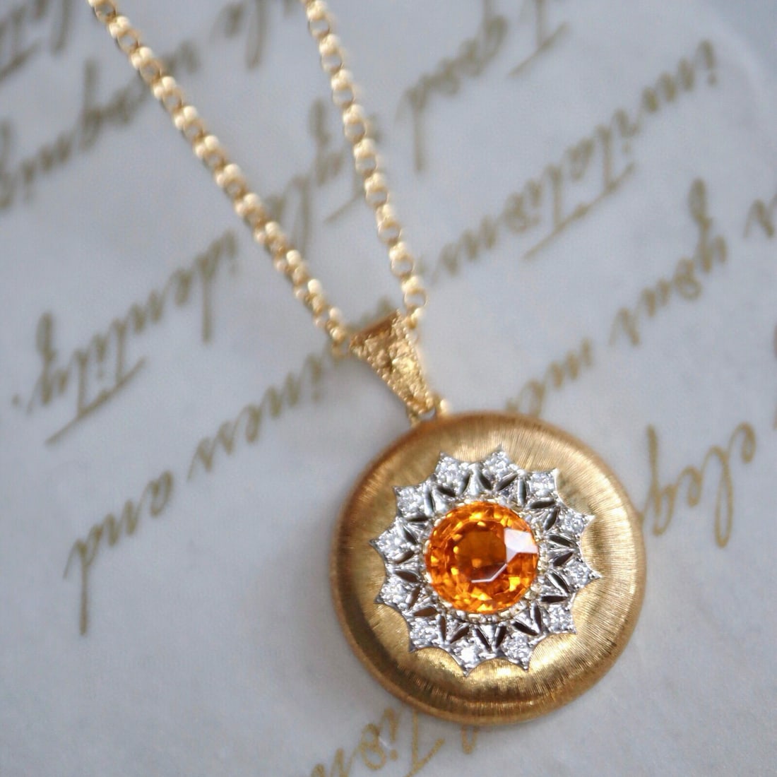 14k Gold 1.58 Ctw Natural Spessartine & Diamond Pendant( Without Chain ): Ref:231002149 // gold content:14k gold // main gemstone:spessartine // shape:round // carat weight:1. 48ct // color:orange // treatment:natural // cut grade:g // // adjacent gemstone 2 : diamond //