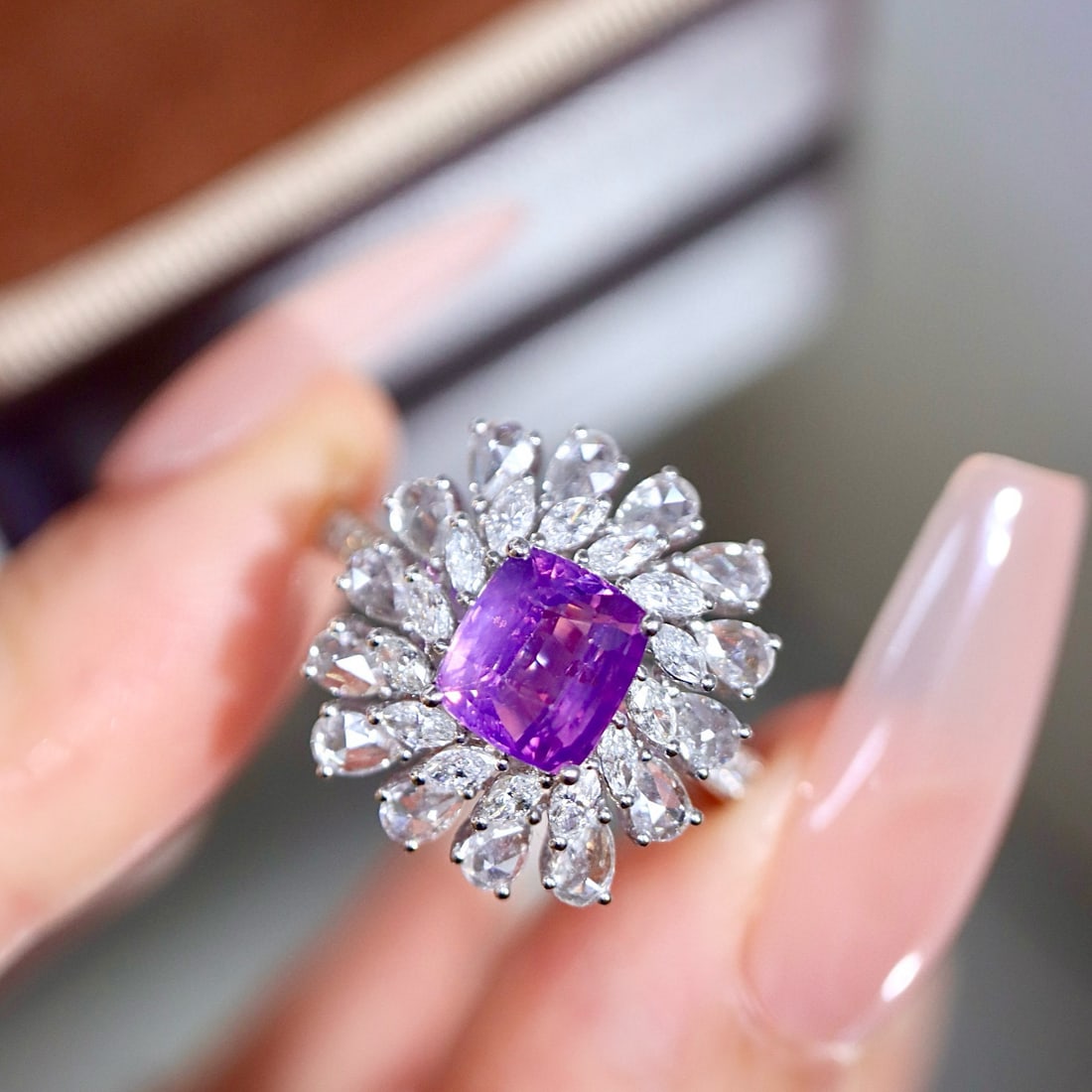14k Gold 2.58 Ctw Natural Sapphire & Diamond Ring: Ref:231002187 // gold content:14k gold // ring size:7. 25us // // main gemstone:sapphire // shape:cushion // carat weight:1. 55ct // color:purple // treatment:natural // // adjacent gemstone 2 :