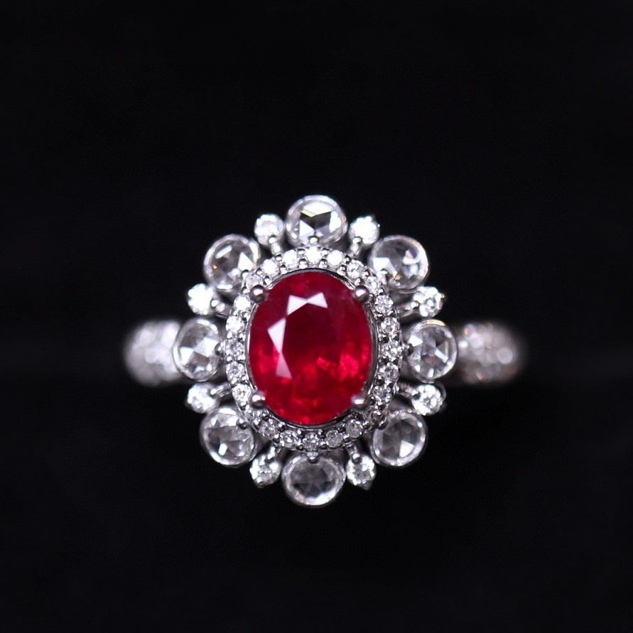 14k Gold 0.82 Ct Vivid Red Natural Ruby & Diamond Ring: Ref:231002218 // gold content:14k gold // ring size:7. 25us // // main gemstone:ruby // shape:oval // carat weight:0. 82ct // color:vivid red // treatment:natural // // adjacent gemstone 2 : diamond