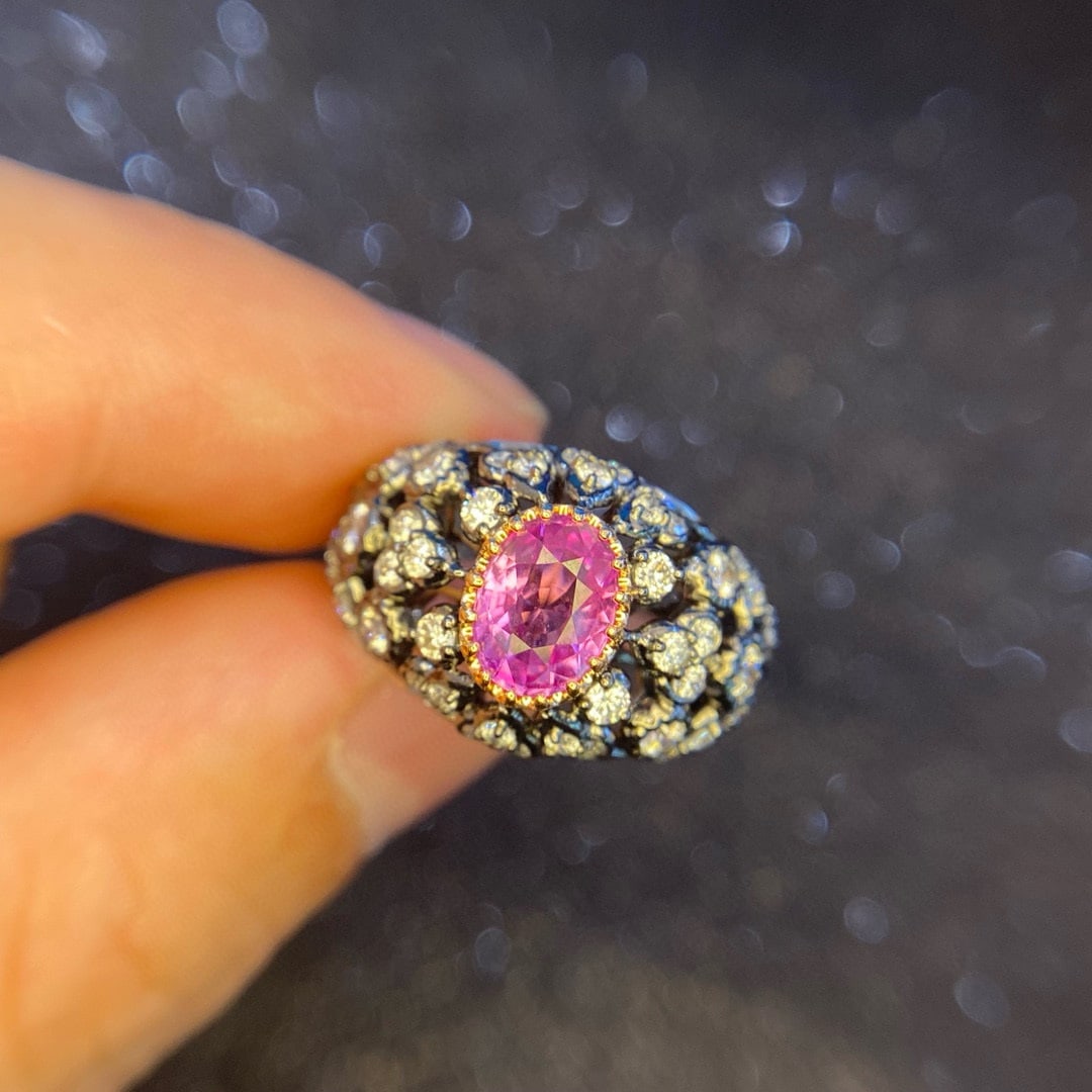 14k Gold 1.74 Ctw Natural Sapphire & Diamond Ring: Ref:231002220 // gold content:14k gold // ring size:7. 25us // // main gemstone:sapphire // shape:oval // carat weight:1. 59ct // color:pink // treatment:natural // // adjacent gemstone 2 : diamond