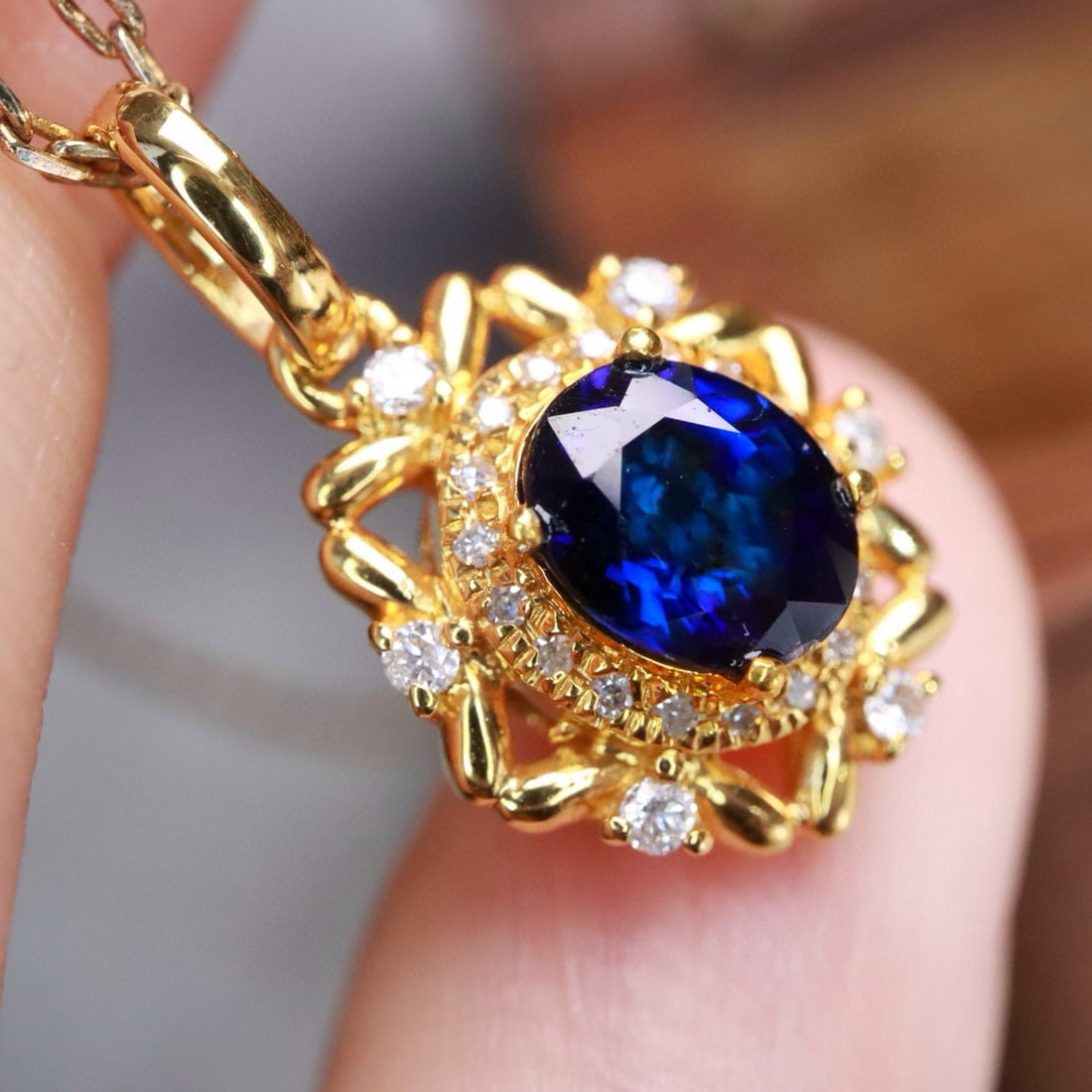 14k Gold 0.91 Ctw Natural Sapphire & Diamond Pendant( Without Chain ) - 2
