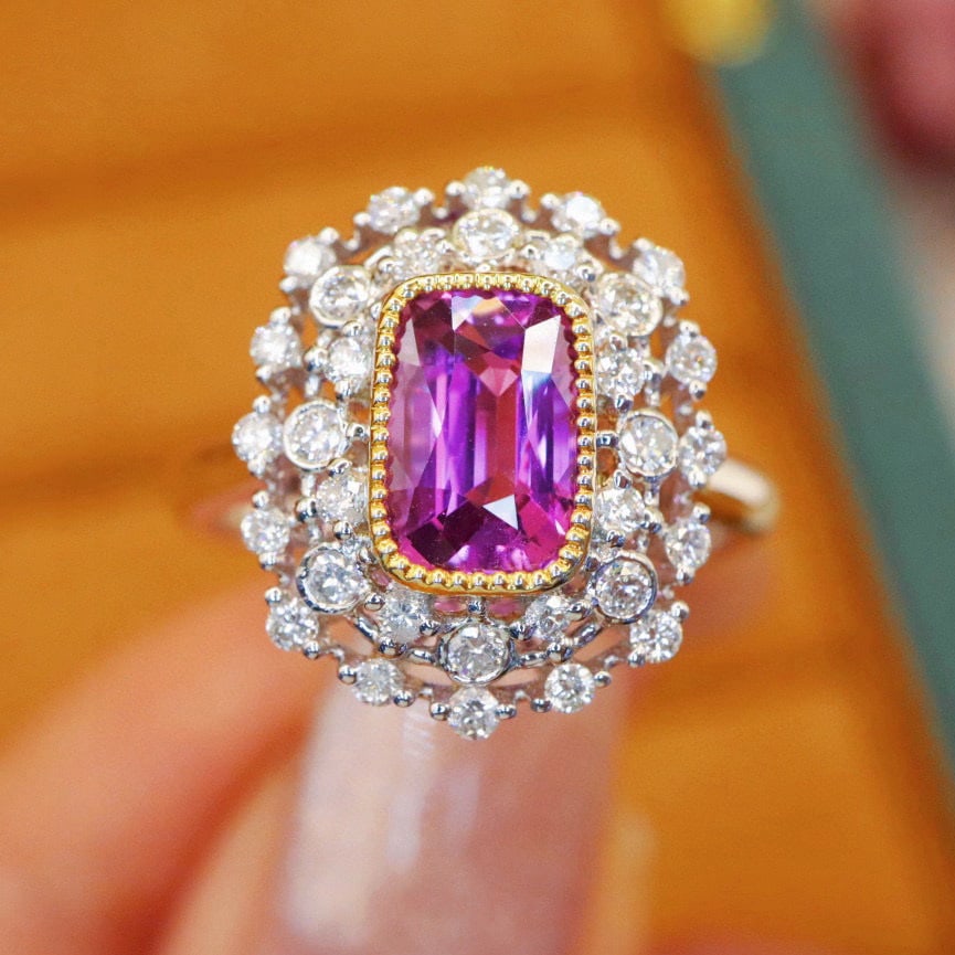 14k Gold 1.98 Ctw Natural Sapphire & Diamond Ring: Ref:231002237 // gold content:14k gold // ring size:7. 25us // // main gemstone:sapphire // shape:cushion // carat weight:1. 57ct // color:purple // treatment:natural // // adjacent gemstone 2 :