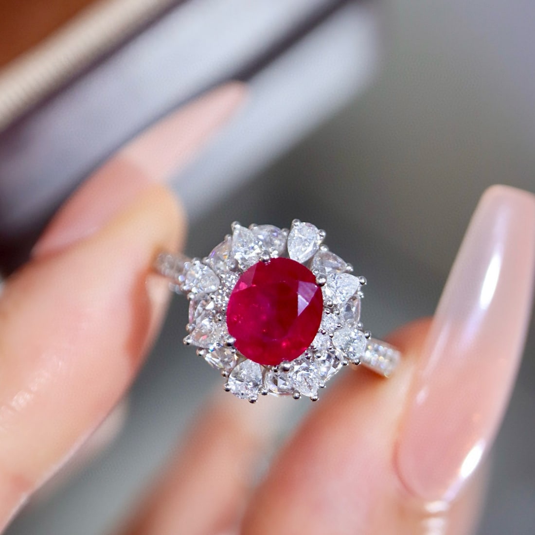 14k Gold 2.31 Ctw Vivid Red Natural Ruby & Diamond Ring: Ref:231002246 // gold content:14k gold // ring size:7. 25us // // main gemstone:ruby // shape:oval // carat weight:1. 55ct // color:vivid red // treatment:natural // // adjacent gemstone 2 : diamond /