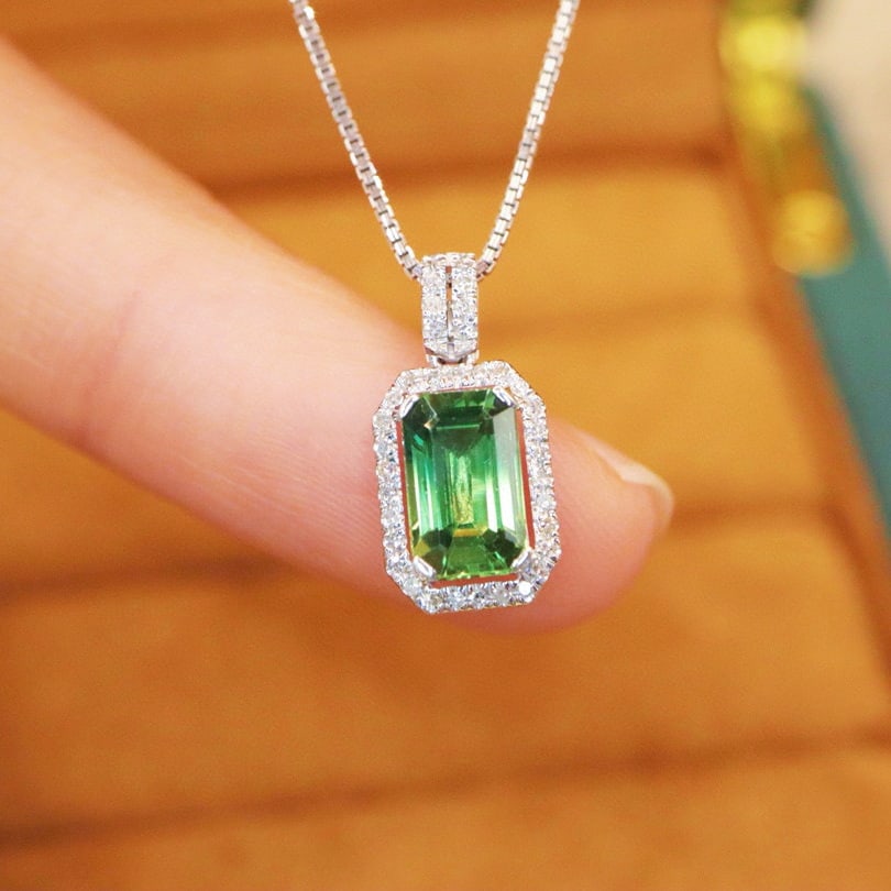 14k Gold 1.46 Ctw Natural Sapphire & Diamond Pendant( Without Chain ): Ref:231002286 // gold content:14k gold // main gemstone:sapphire // shape:octagonal // carat weight:1. 35ct // color:green // treatment:natural // // adjacent gemstone 2 : diamond // number of