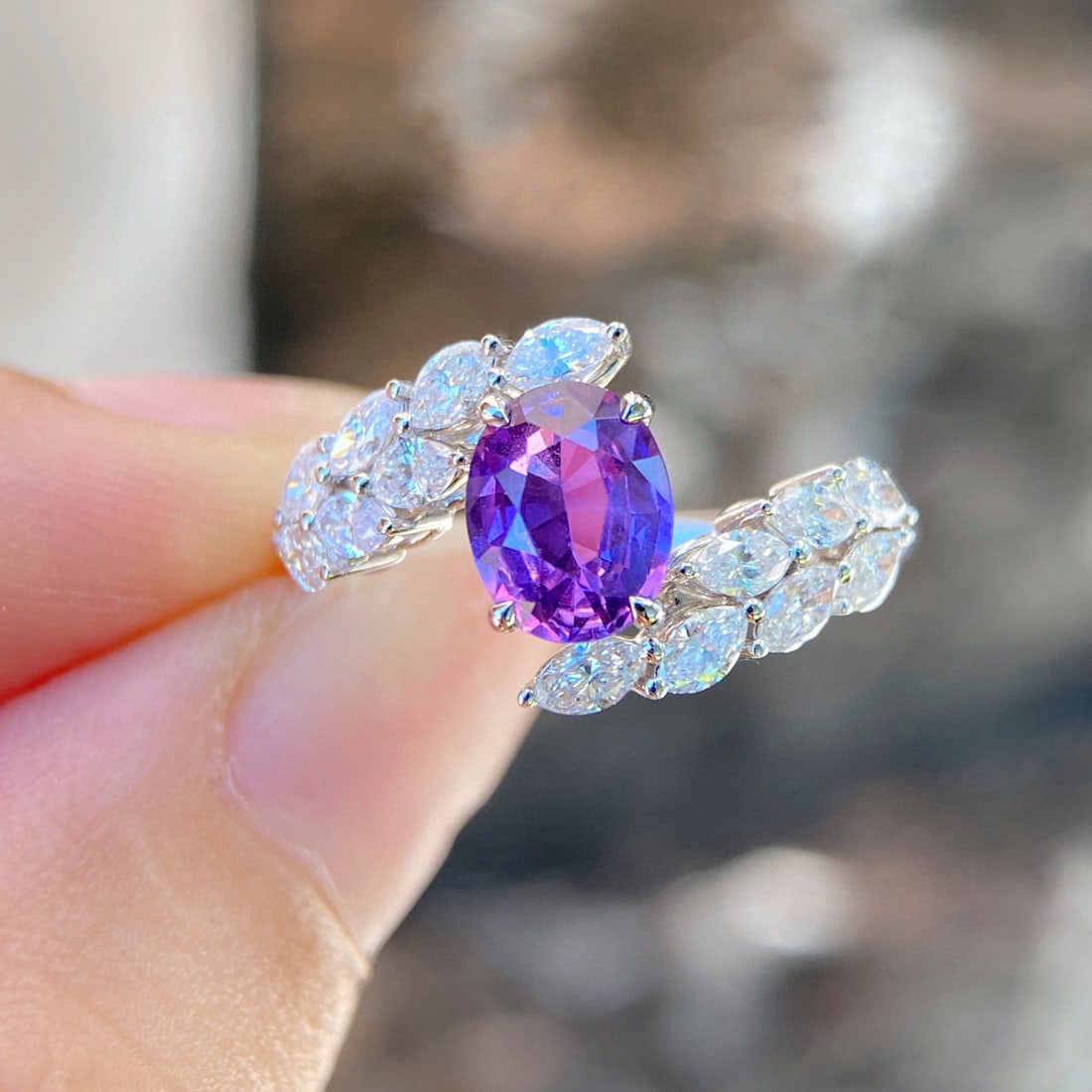 14k Gold 2.04 Ctw Natural Sapphire & Diamond Ring: Ref:231002305 // gold content:14k gold // ring size:7. 25us // // main gemstone:sapphire // shape:oval // carat weight:1. 29ct // color:purple // treatment:natural // // adjacent gemstone 2 : diamond