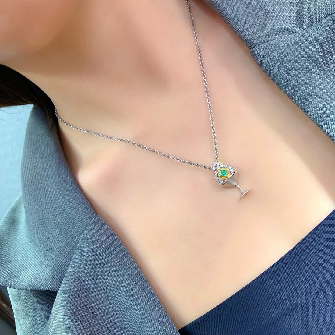 14k Gold 0.59 Ctw Vivid Green Natural Emerald & Diamond Pendant( Without Chain ) - 6