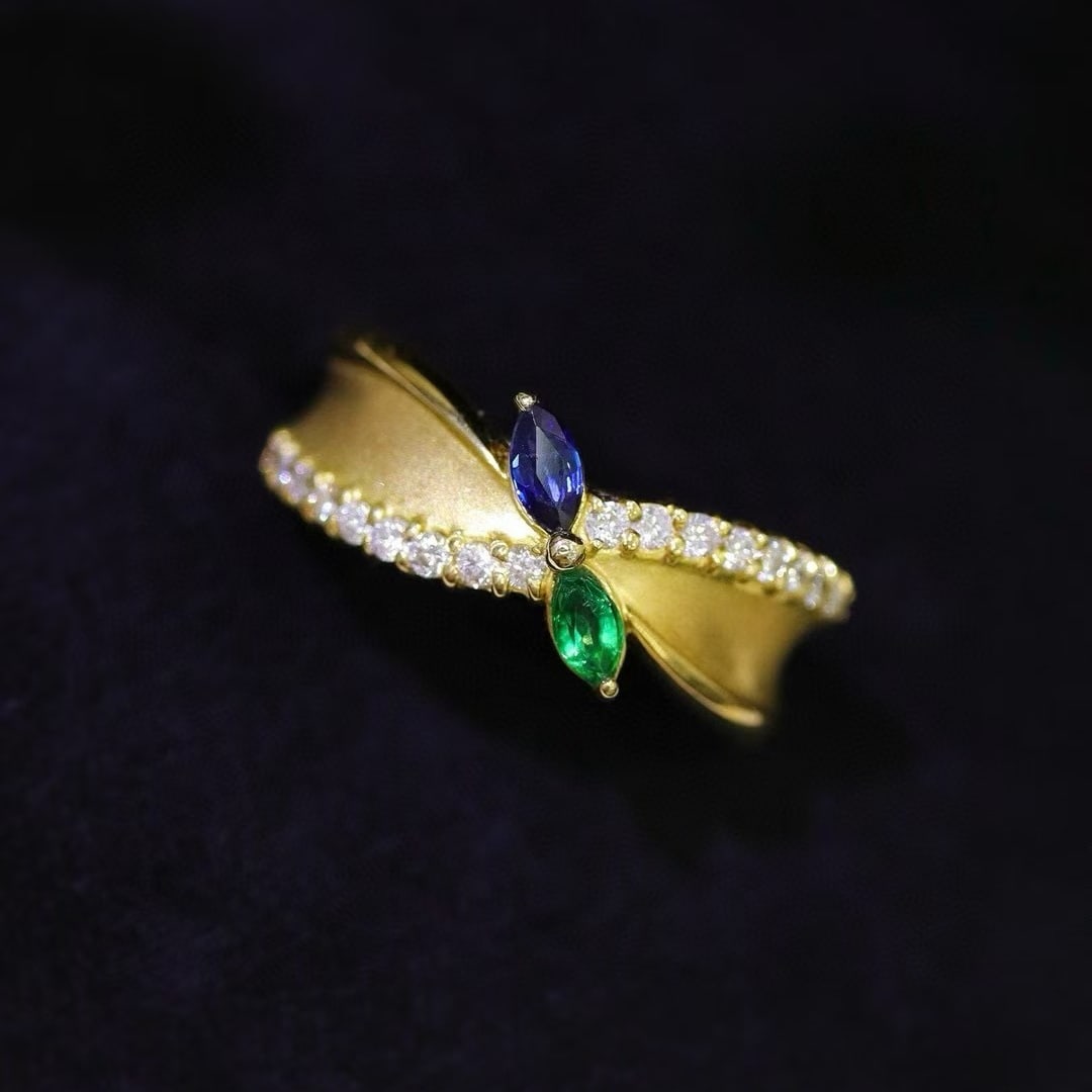 14k Gold 0.22 Ctw Natural Sapphire & Emerald & Toi Et Moi Ring: Ref:231002342 // gold content:14k gold // ring size:7. 25us // // main gemstone:sapphire // shape:marquise // carat weight:0. 14ct // color:blue // treatment:natural // // adjacent gemstone 2 :