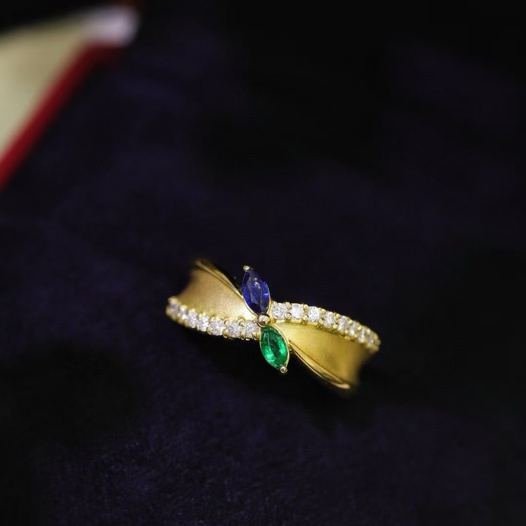 14k Gold 0.22 Ctw Natural Sapphire & Emerald & Toi Et Moi Ring - 2