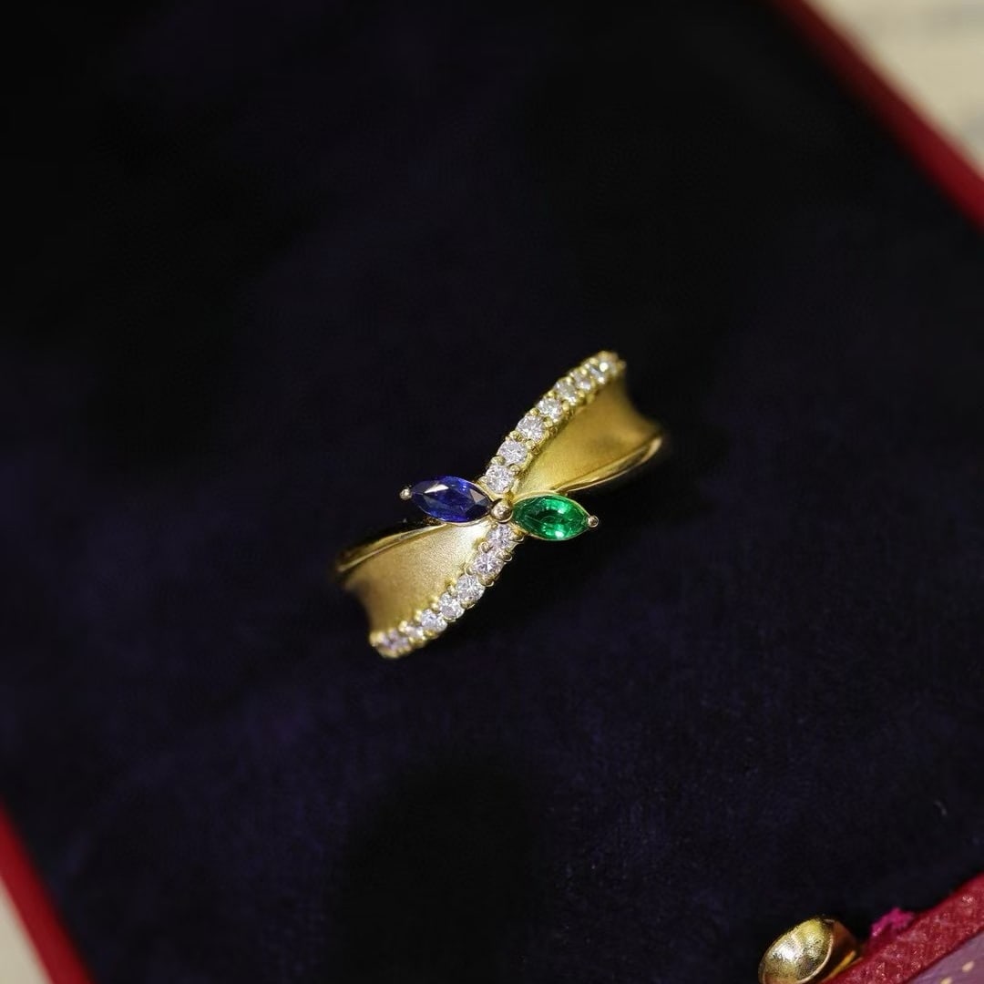 14k Gold 0.22 Ctw Natural Sapphire & Emerald & Toi Et Moi Ring - 3