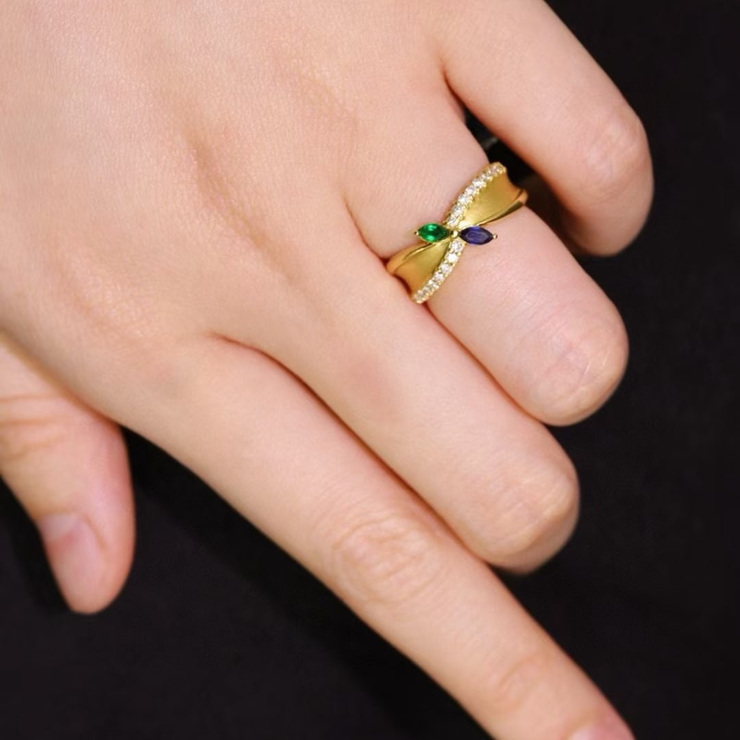14k Gold 0.22 Ctw Natural Sapphire & Emerald & Toi Et Moi Ring - 4
