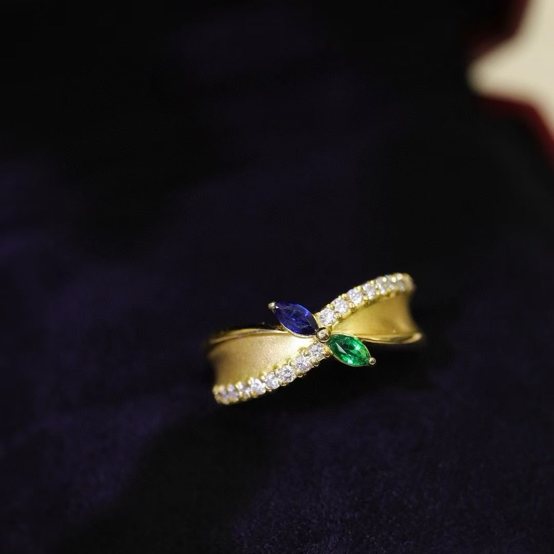 14k Gold 0.22 Ctw Natural Sapphire & Emerald & Toi Et Moi Ring - 5