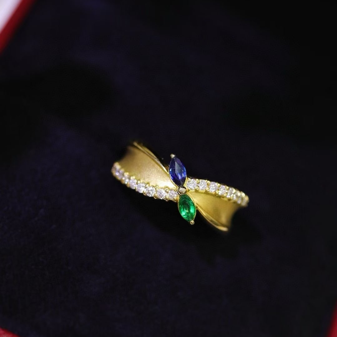 14k Gold 0.22 Ctw Natural Sapphire & Emerald & Toi Et Moi Ring - 6