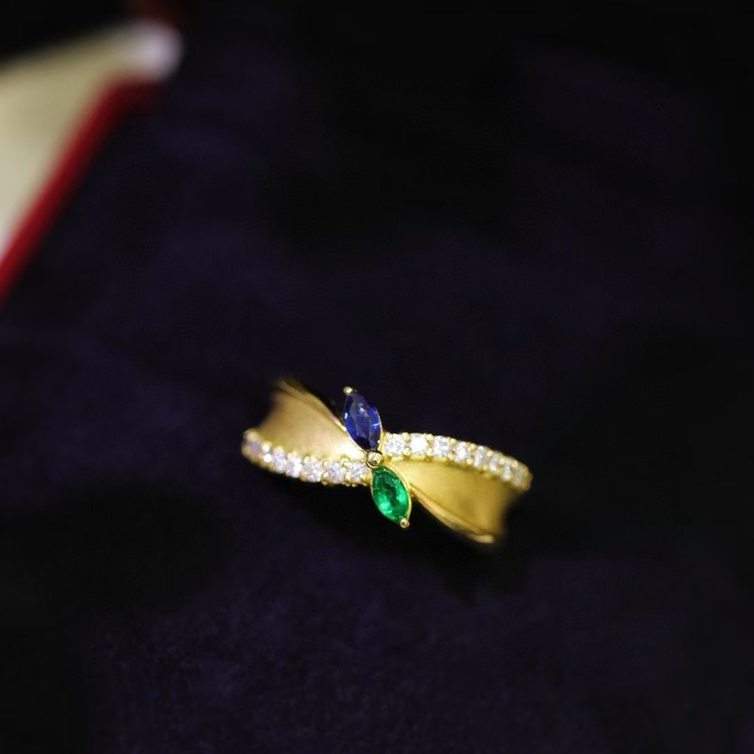 14k Gold 0.22 Ctw Natural Sapphire & Emerald & Toi Et Moi Ring - 7