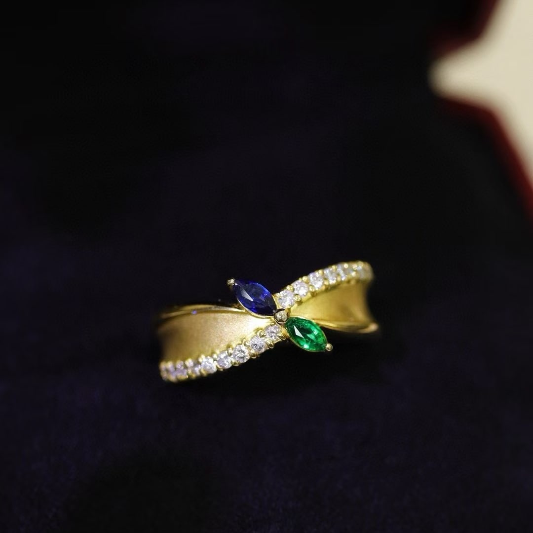14k Gold 0.22 Ctw Natural Sapphire & Emerald & Toi Et Moi Ring - 8
