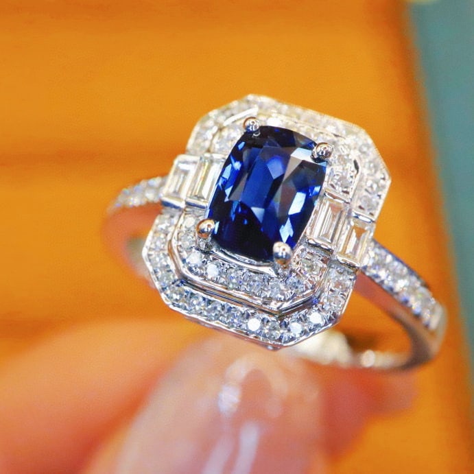 14k Gold 1.51 Ctw Natural Sapphire & Diamond Ring: Ref:231002358 // gold content:14k gold // ring size:7. 25us // // main gemstone:sapphire // shape:cushion // carat weight:1. 2ct // color:royal blue // treatment:natural // // adjacent gemstone 2 :