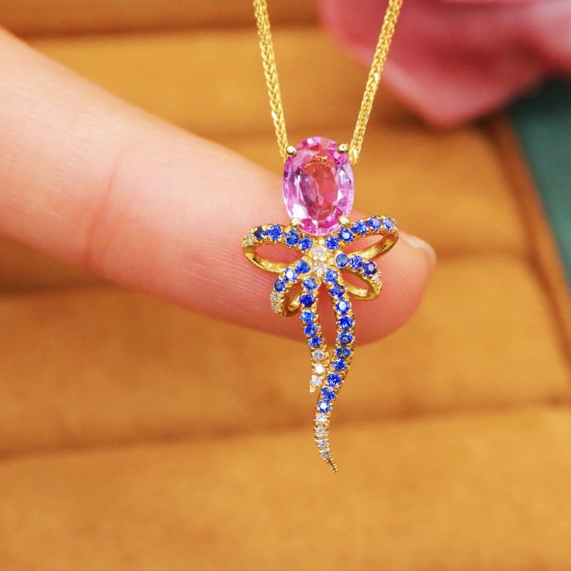 14k Gold 1.00 Ctw Natural Sapphire & Diamond Pendant( Without Chain ): Ref:231002370 // gold content:14k gold // main gemstone:sapphire // shape:oval // carat weight:0. 96ct // color:pink // treatment:natural // // adjacent gemstone 2 : diamond // number of stones:14 //
