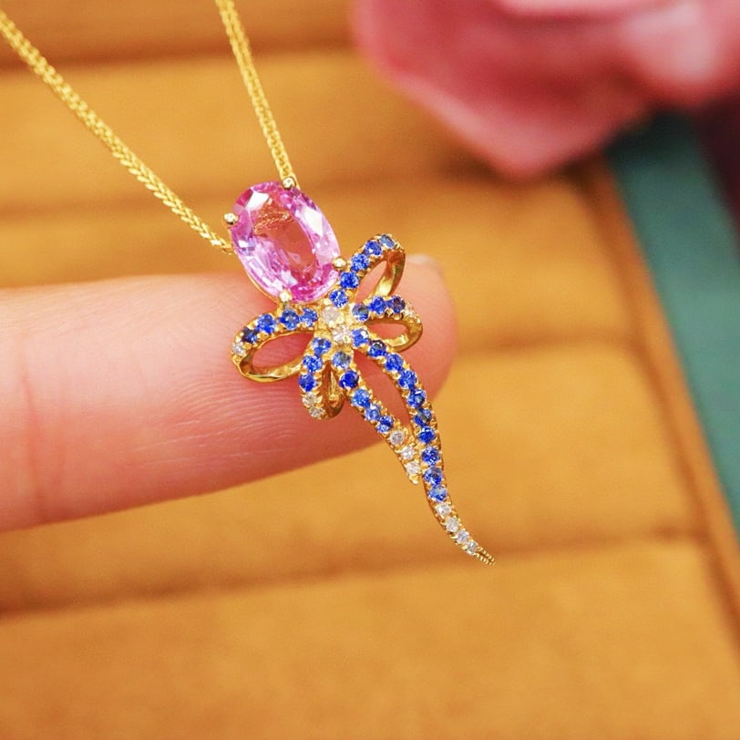 14k Gold 1.00 Ctw Natural Sapphire & Diamond Pendant( Without Chain ) - 2