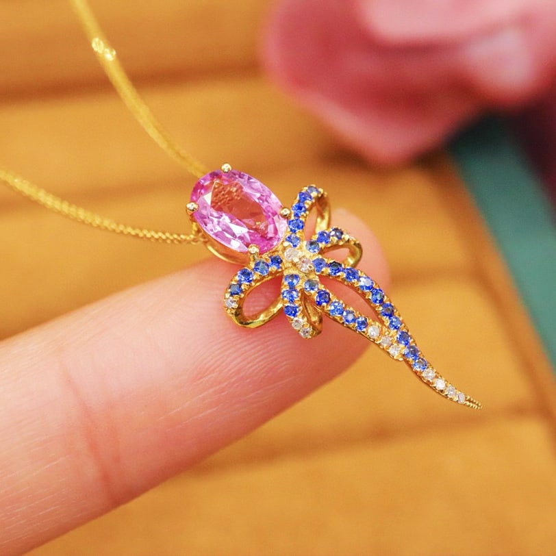 14k Gold 1.00 Ctw Natural Sapphire & Diamond Pendant( Without Chain ) - 4