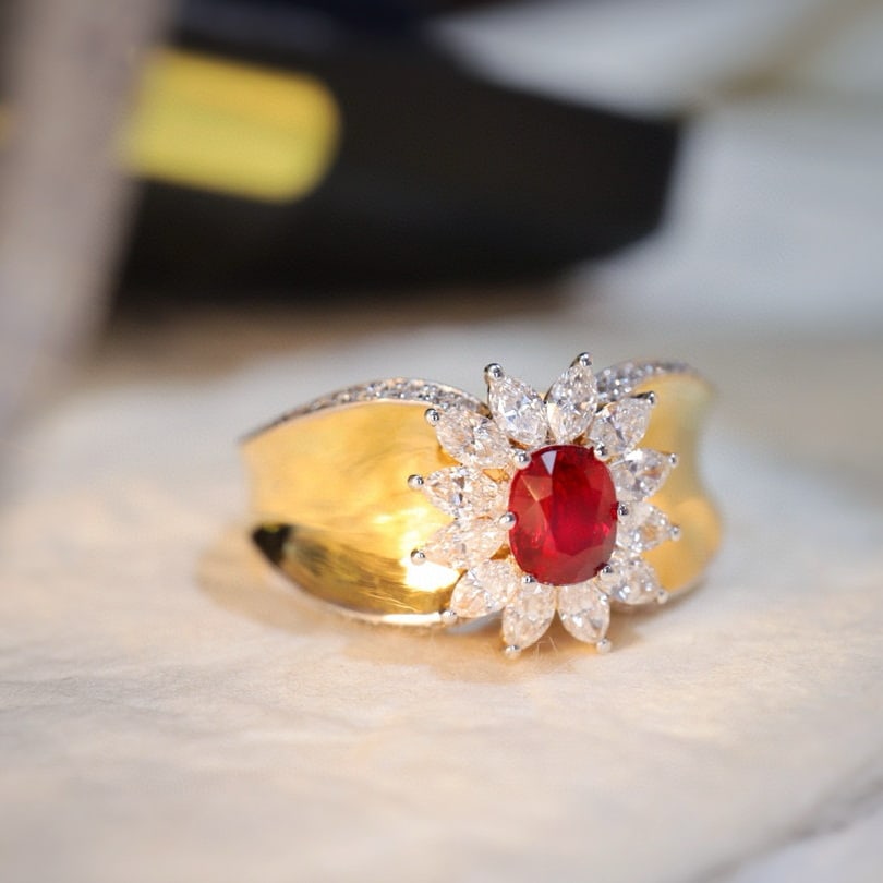 14k Gold 1.28 Ctw Natural Ruby & Diamond Ring: Ref:231002373 // gold content:14k gold // ring size:7. 25us // // main gemstone:ruby // shape:oval // carat weight:0. 61ct // color:pigeonblood red // treatment:natural // // adjacent gemstone 2 : dia