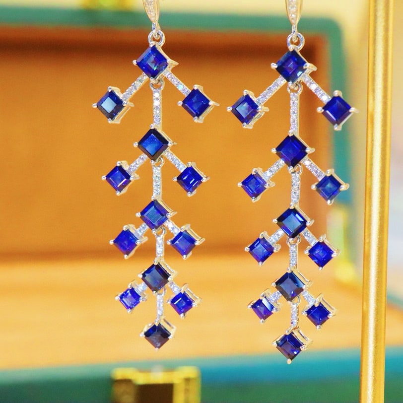 14k Gold 5.63 Ctw Natural Sapphire & Diamond Earrings: Ref:231002381 // gold content:14k gold // main gemstone:sapphire // shape:square // carat weight:5. 39ct // color:royal blue // treatment:natural // // adjacent gemstone 2 : diamond // number of