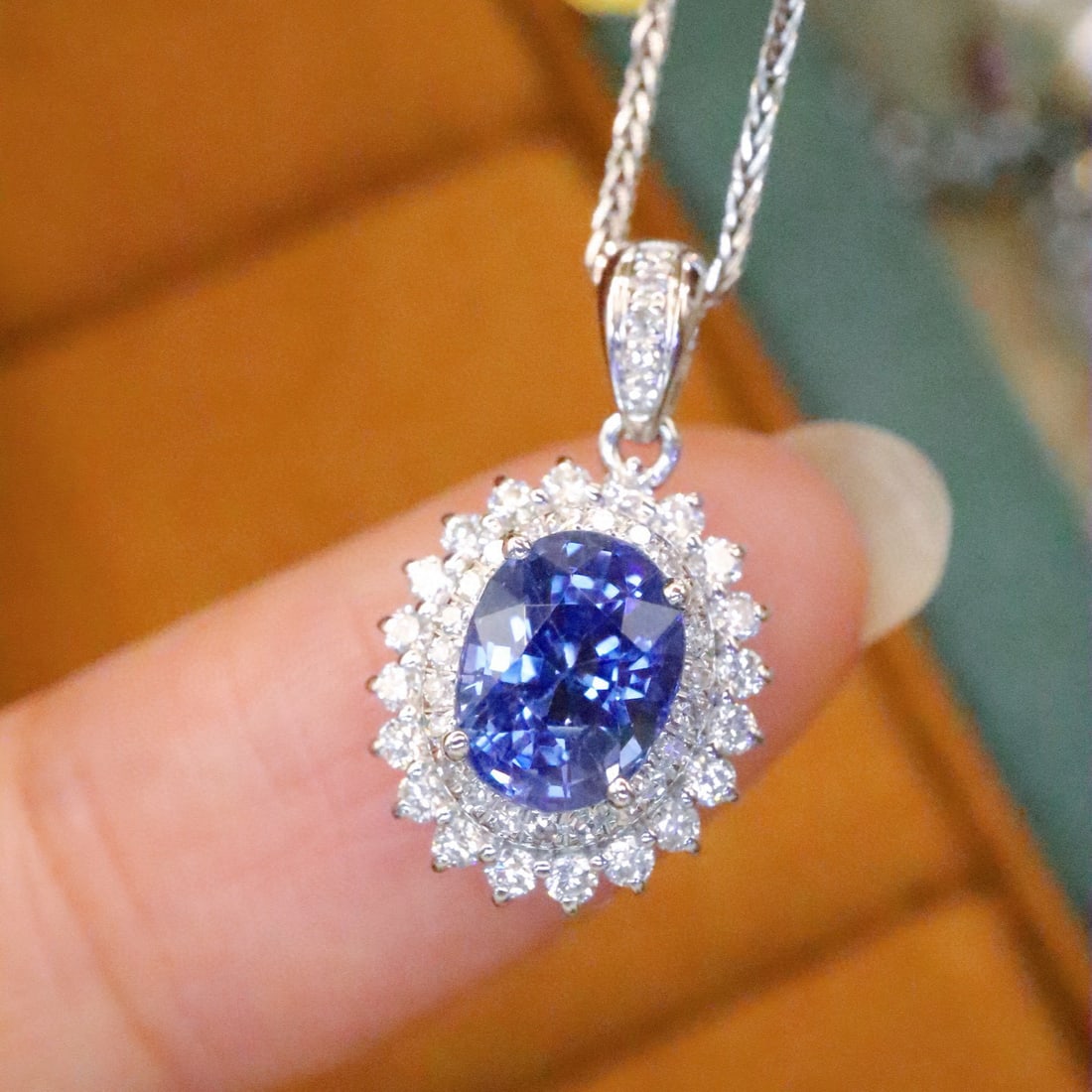 14k Gold 1.58 Ctw Natural Sapphire & Diamond Pendant( Without Chain ): Ref:231002383 // gold content:14k gold // main gemstone:sapphire // shape:oval // carat weight:1. 30ct // color:cornflower blue // treatment:natural // // adjacent gemstone 2 : diamond // number of