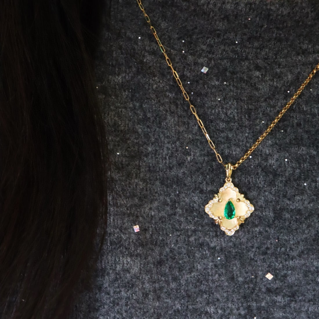 14k Gold 0.36 Ct Vivid Green Natural Emerald & Diamond Pendant( Without Chain ) - 2