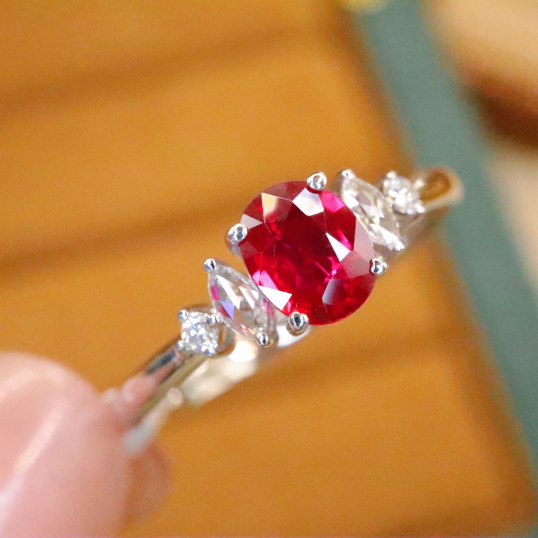 14k Gold 0.59 Ctw Natural Ruby & Diamond Ring: Ref:231002407 // gold content:14k gold // ring size:7. 25us // // main gemstone:ruby // shape:oval // carat weight:0. 52ct // color:pigeonblood red // treatment:natural // // adjacent gemstone 2 :