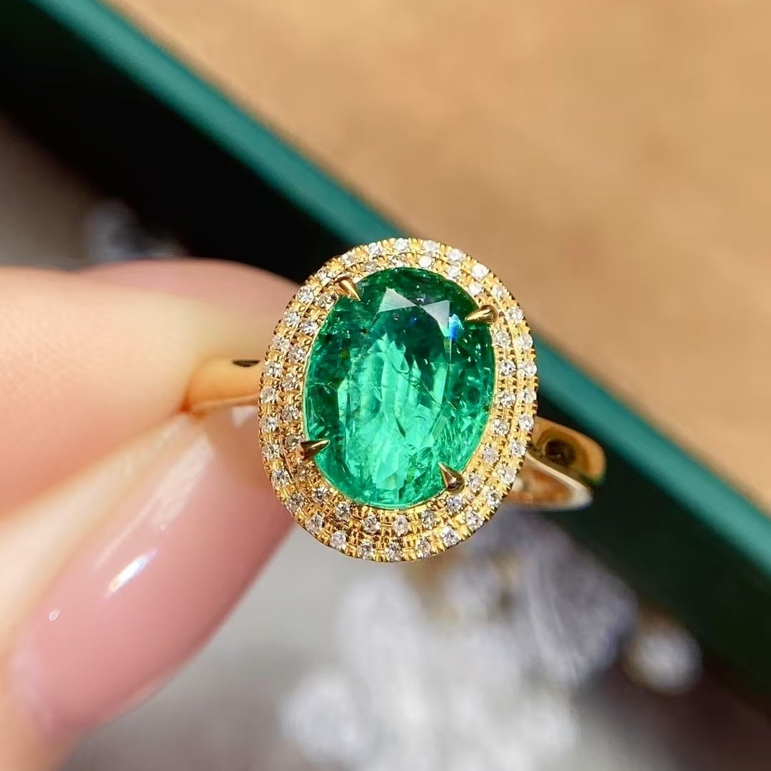 14k Gold 2.74 Ctw Vivid Green Natural Emerald & Diamond Ring - 2