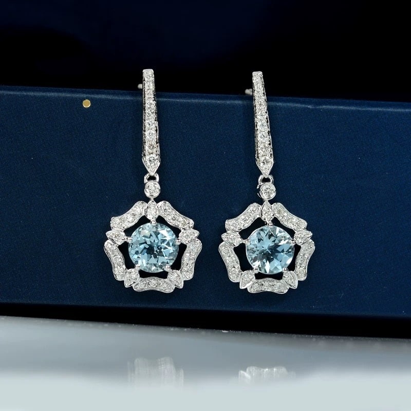 14k Gold 1.66 Ctw Natural Aquamarine & Diamond Earrings: Ref:231007013 // gold content:14k gold // main gemstone:aquamarine // shape:round // carat weight:1. 33ct // color:blue // treatment:natural // cut grade:g // // adjacent gemstone 2 : diamond // shape